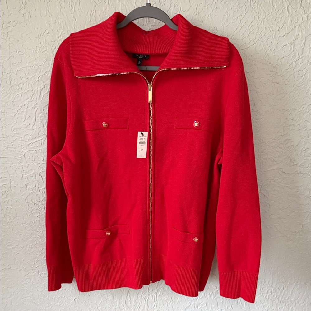 Talbots Bright Red Zip Cardigan with Gold Hardware